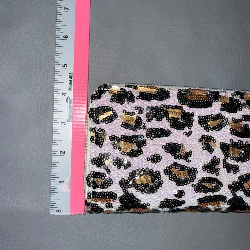 Brentano Leopard Sequin Zip Around Wristlet Wallet White Gold Black